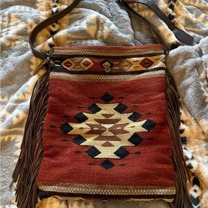 Boho Tribal Fringe Crossbody Bag in Rust Red and Brown